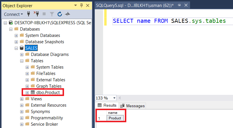 Right-click the database i.e. SALES -> Tables