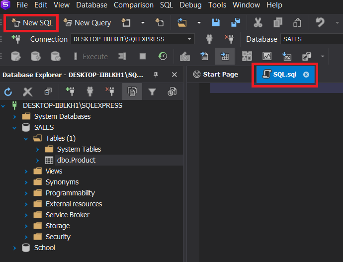 Empty query window open where you can execute your SQL queries