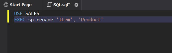 Script renaming your 'Item' table in the SALES database to 'Product'