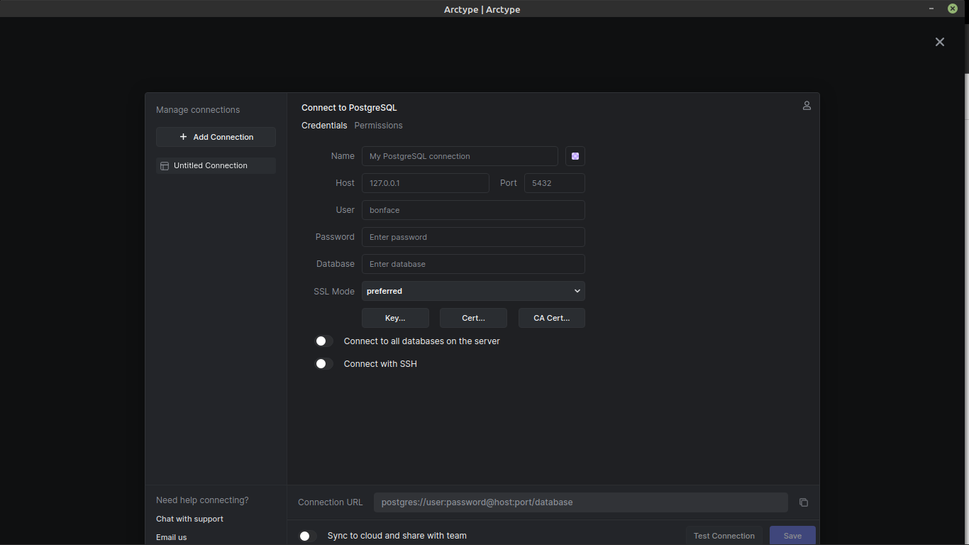 The next step is to add Postgres credentials to connect Arctype to your Postgres database.