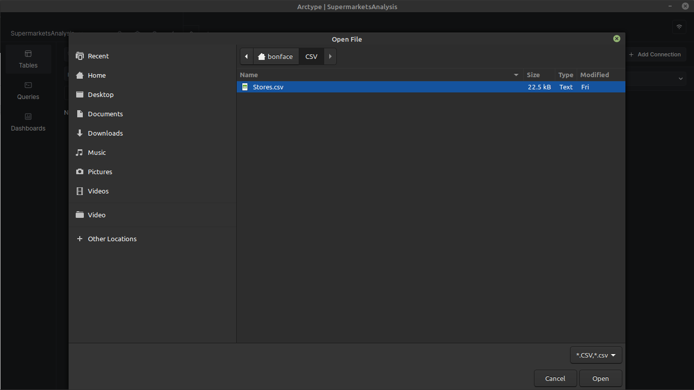 Next use the file selection window that appears to select the CSV file you downloaded. Select your file and click the "Open" button as shown below.