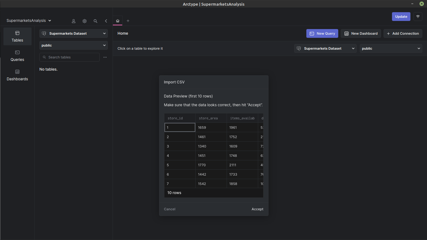 Once you have selected and opened the CSV file, Arctype will display the first ten rows of the CSV file data for preview. If everything looks correct, click the "Accept" button as shown below.