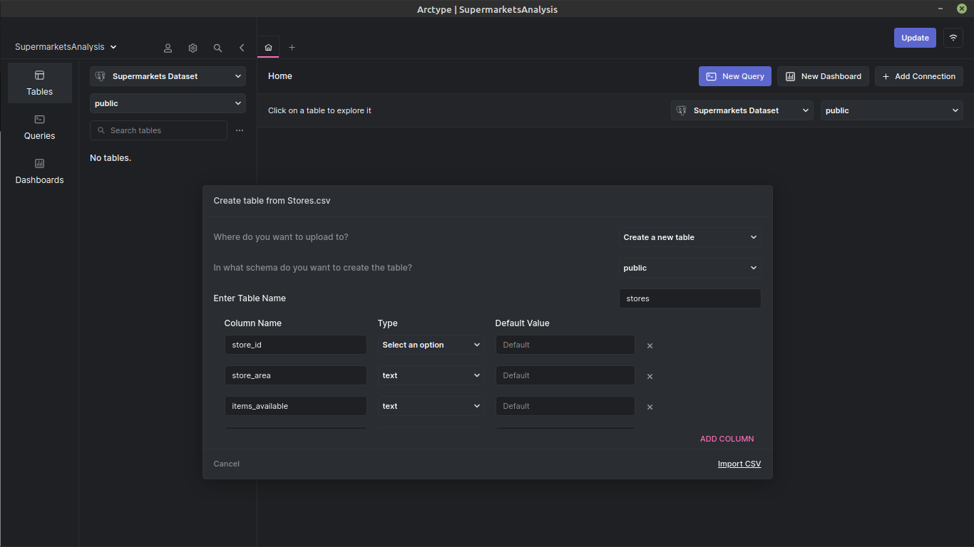 The window allows you to determine where you want the data to be stored and to select the schema.