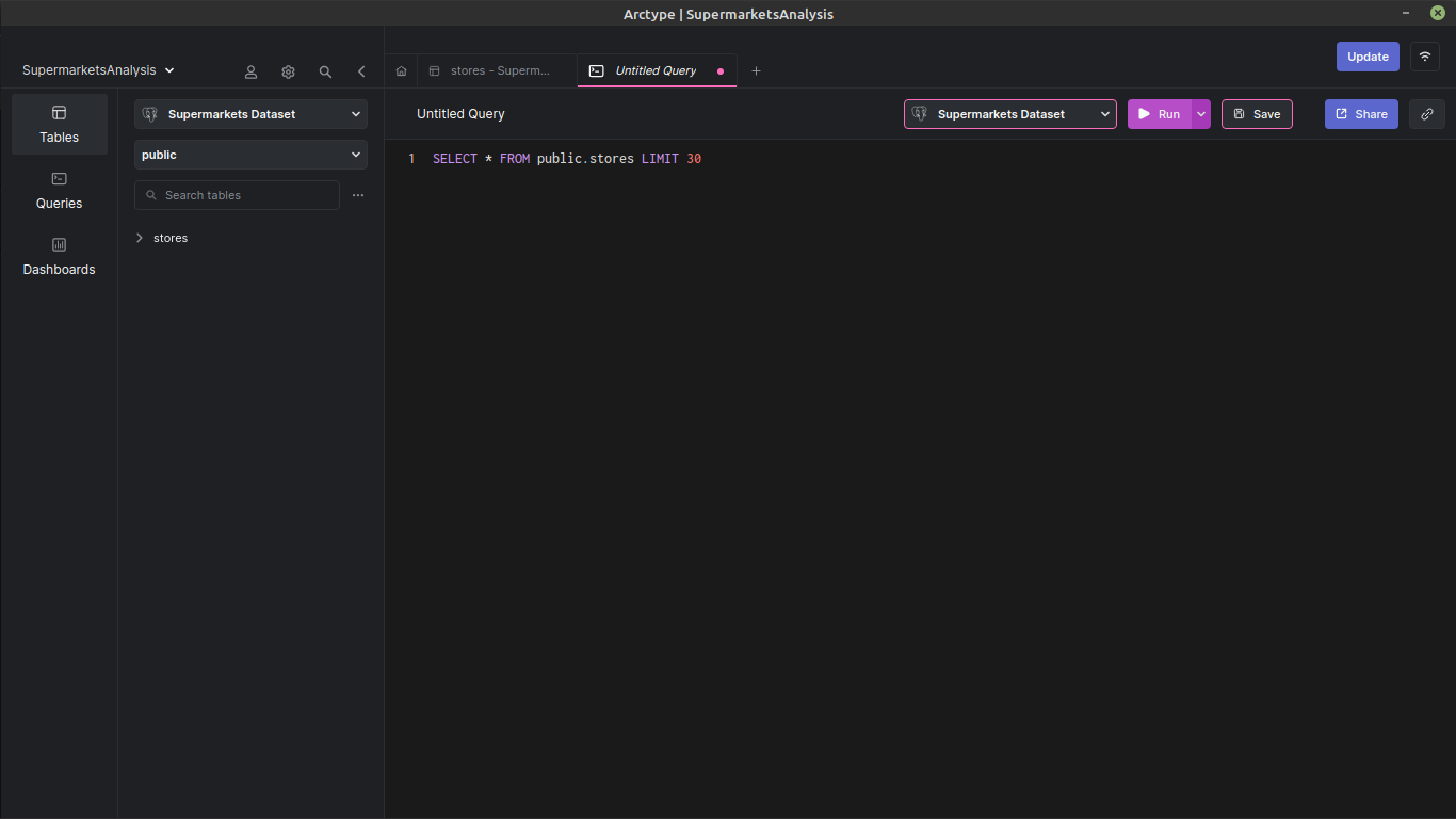 To run a SQL query using Arctype, click the "Create query" button on the top right of the Arctype window. 
