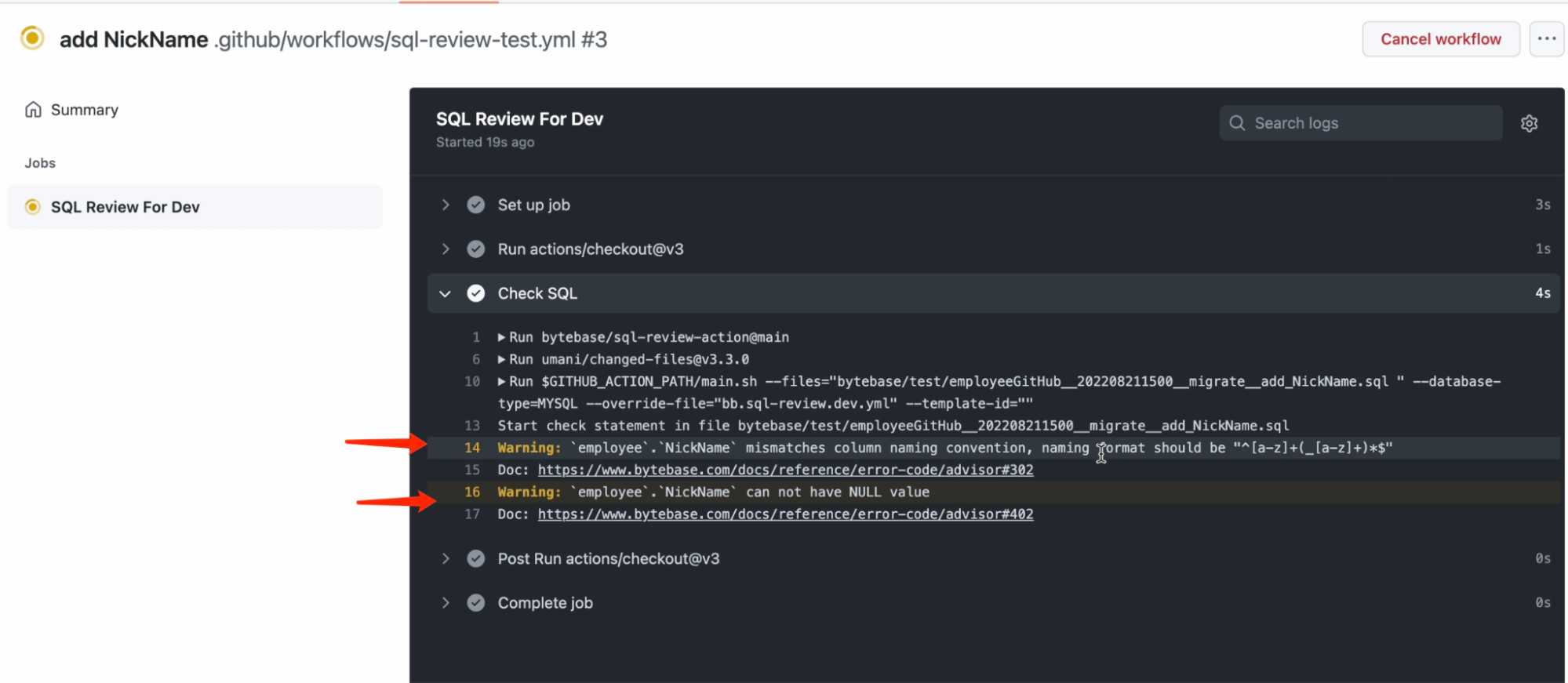 SQL Review Actions will be triggered as you submit PR on GitHub.