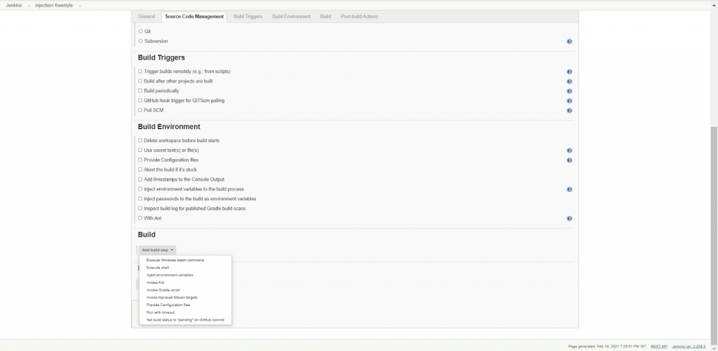 Select Inject environment variables from the drop-down. A dialog box will be added to the build section.