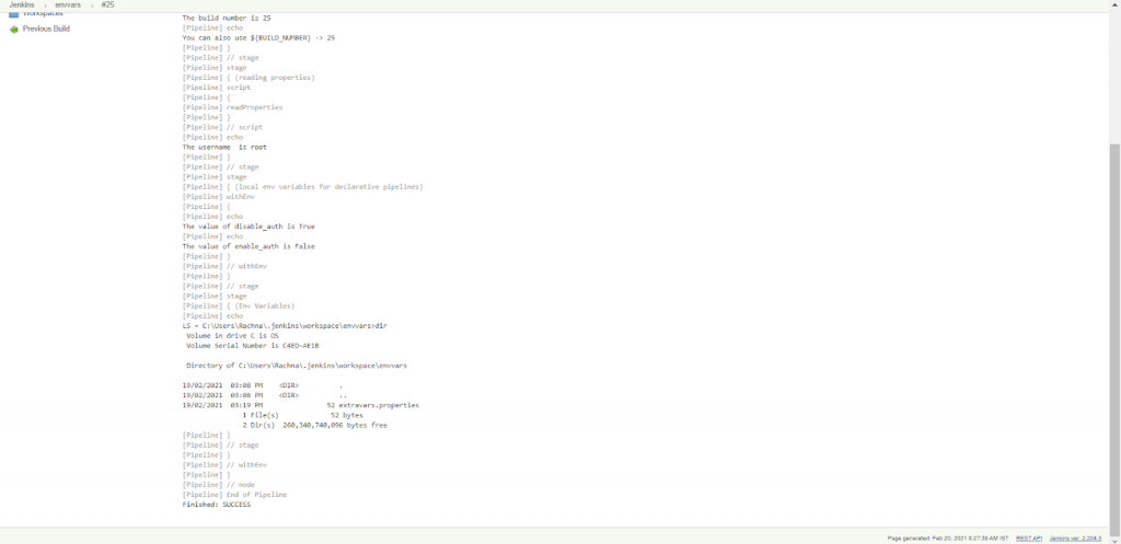 The console output of a successful build for the pipeline which captures bat output in an environment variable is.