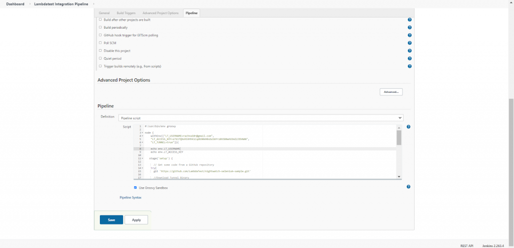 In the test stage, we will run the tests with the help of Nightwatch. Here the command used is a batch command : bat 'node_modules/.bin/nightwatch -e chrome tests'.