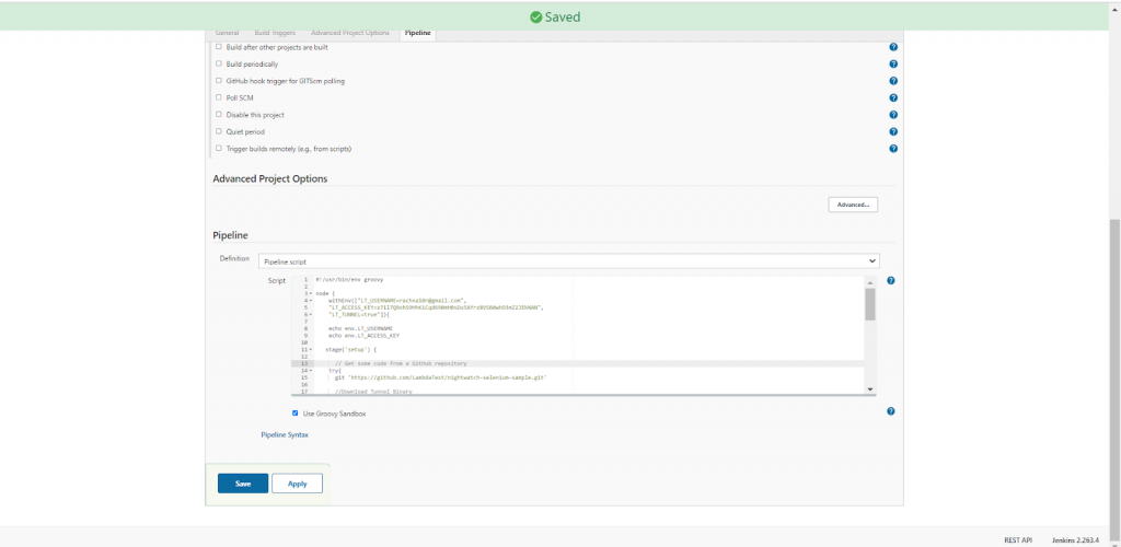 Click on Apply and Save. This will save the pipeline script. And the pipeline is ready to build now.