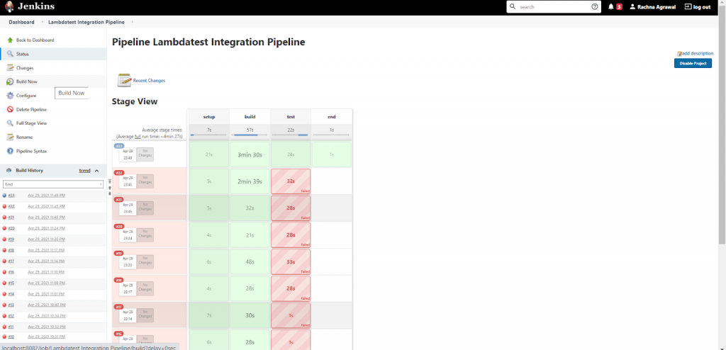 To run the Jenkins Pipeline, On the Left side menu click on Build Now option.