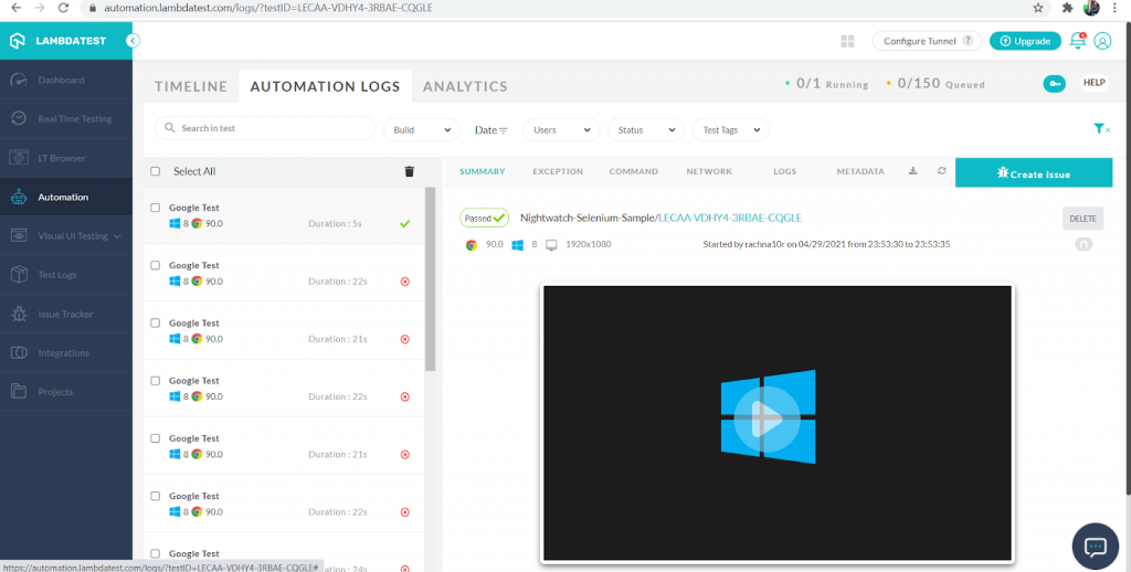 The LambdaTest Automation Dashboard appears. Select Automation Logs Tab on it.