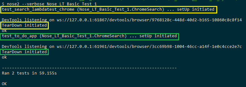 Execution screenshot which shows that setUp/tearDown was called for every test case