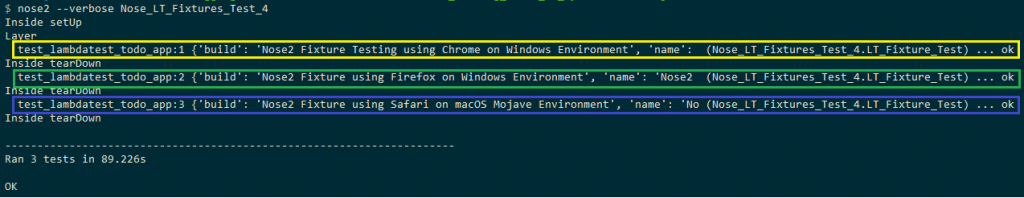 Terminal indicating setUp method ran only once/testTearDown method executed after completing each test method