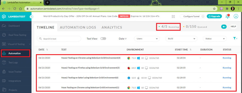 Screenshot from the Automation tab in LambdaTest, which indicates that four tests were executed in parallel