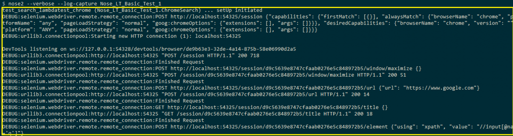 Log output of the first test