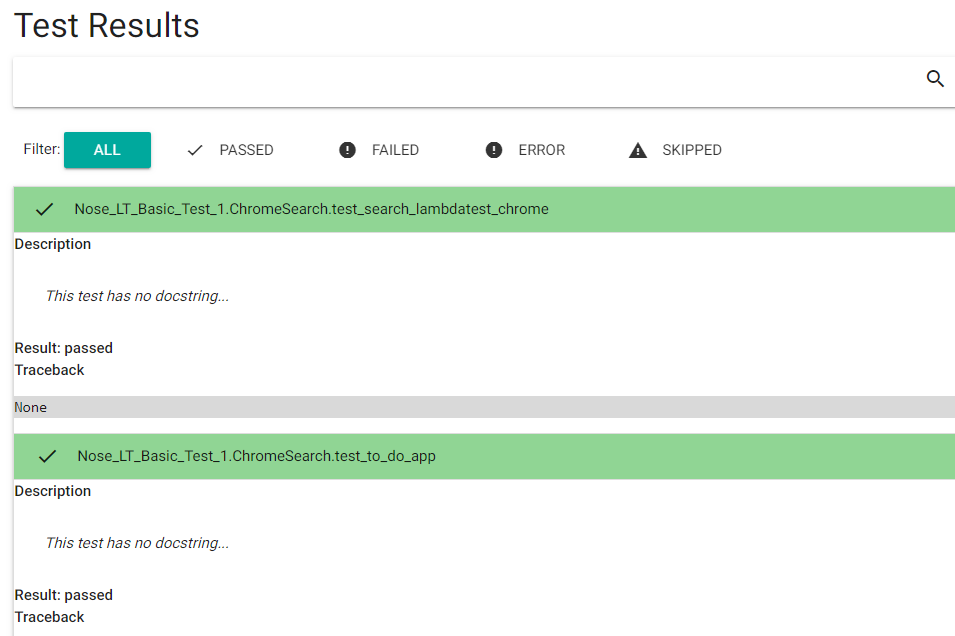 Generated HTML Python Nose test report