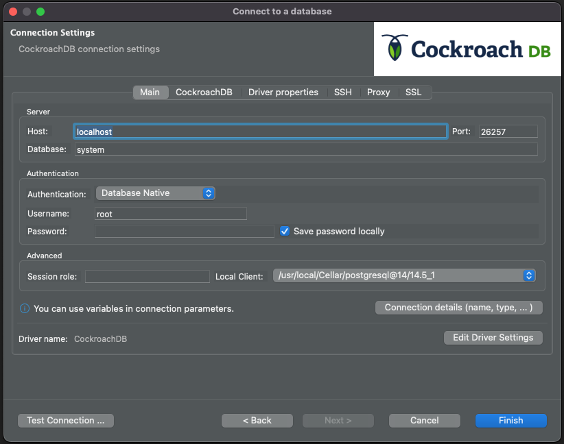 Connect to a database: Connection Settings