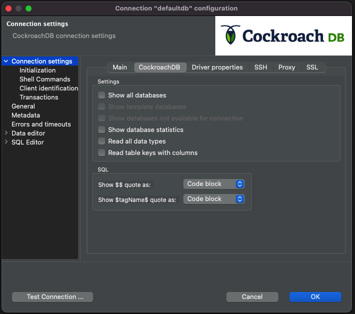 Connection settings: CockroachDB