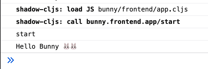 The ClojureScript file, will automatically reload code triggered by the init function, and so we now have two rabbits in the console.