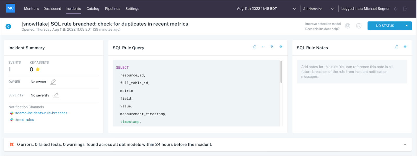 With data observability, you can instantly review an incident’s associated SQL queries, dbt models, and more in a single pane of glass.