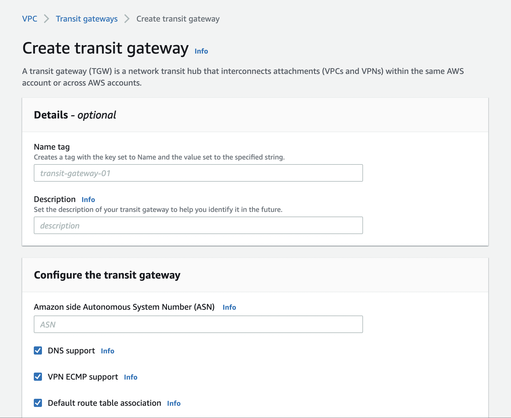 On the navigation pane, choose Transit Gateways. and click on Create transit gateway.