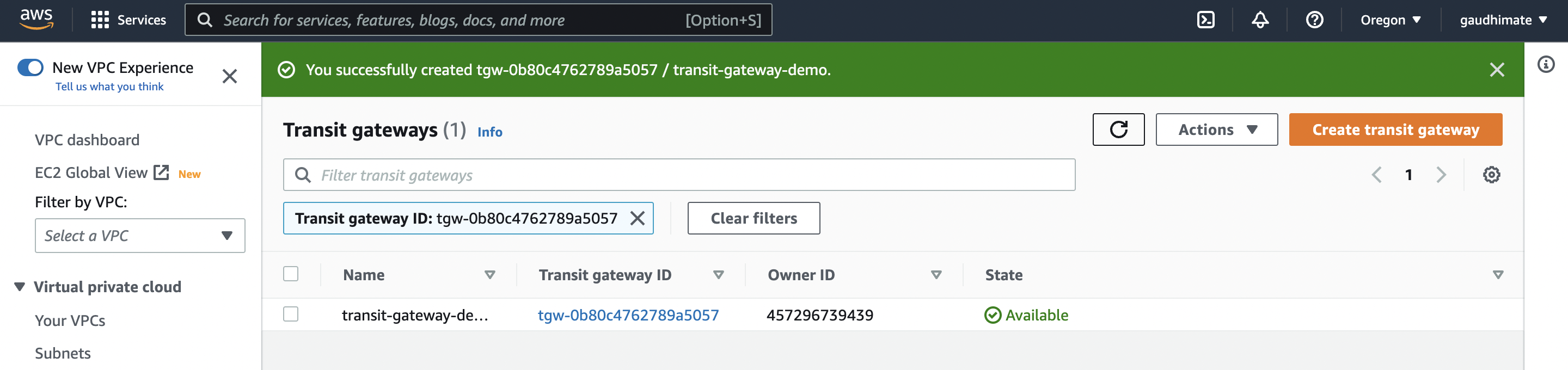 Once Transit Gateway is available for use it will be in "Available" status.