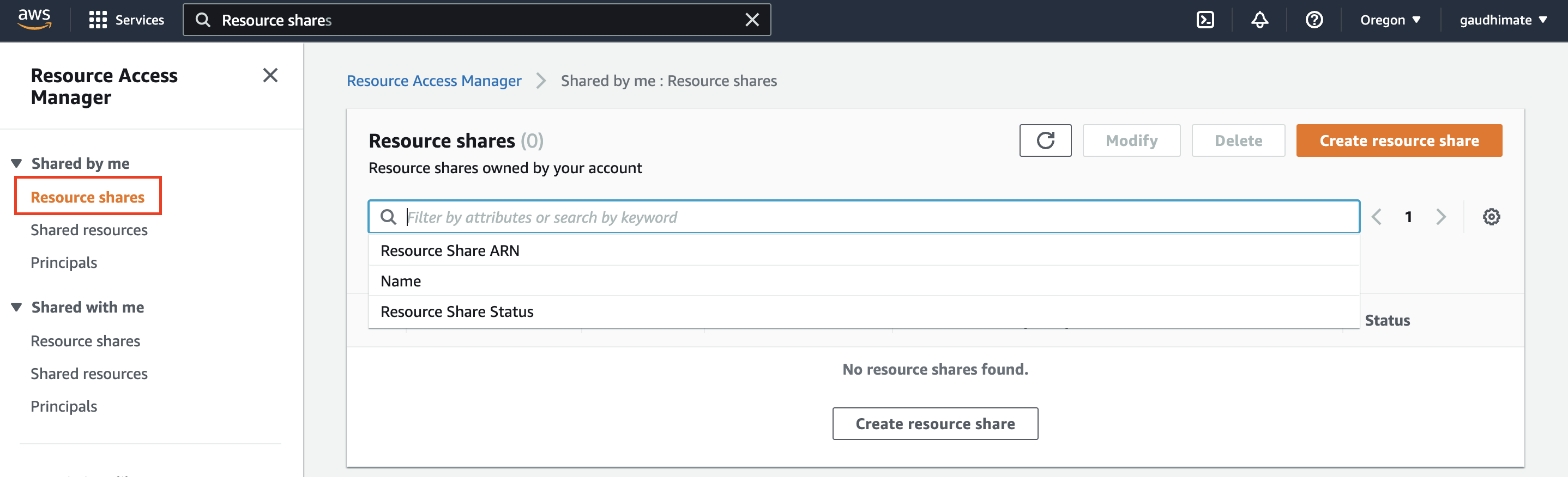 Search for "Resource access manager" and go to Resource Shares -> Create resource share.