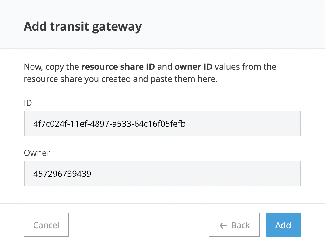 Click on Next, now here you will need to provide the resource share id and owner id that we got after creating AWS shared resource in Step 2.