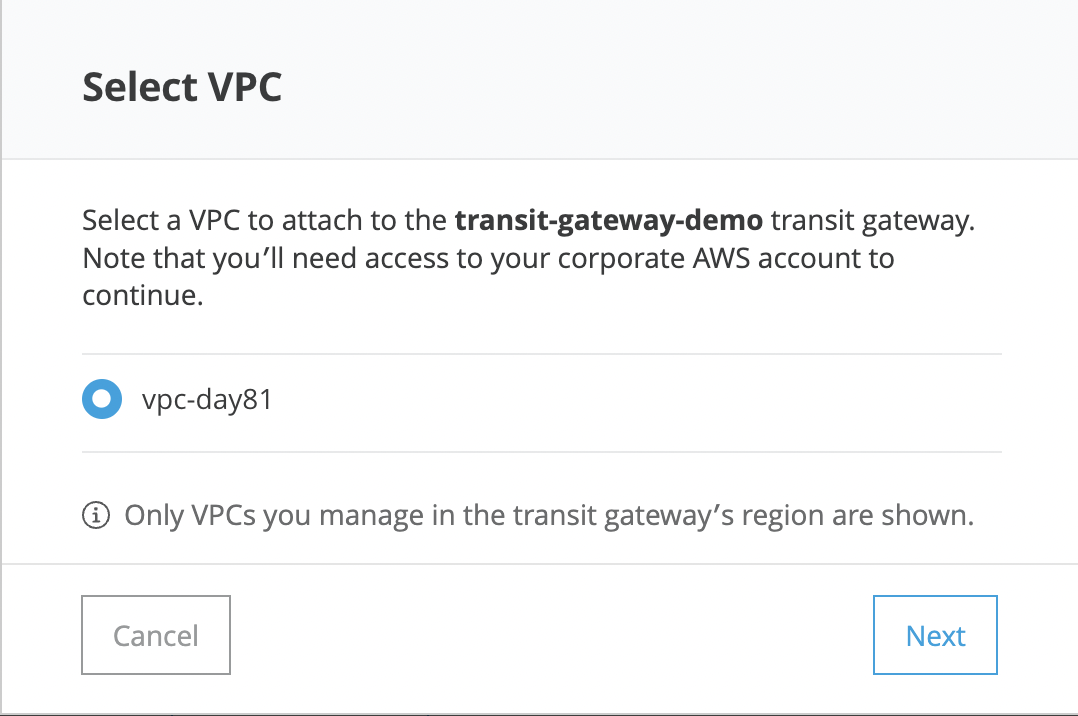 Select the VPC that you want to attach, remember VPCs with the same region will be only shown to select.