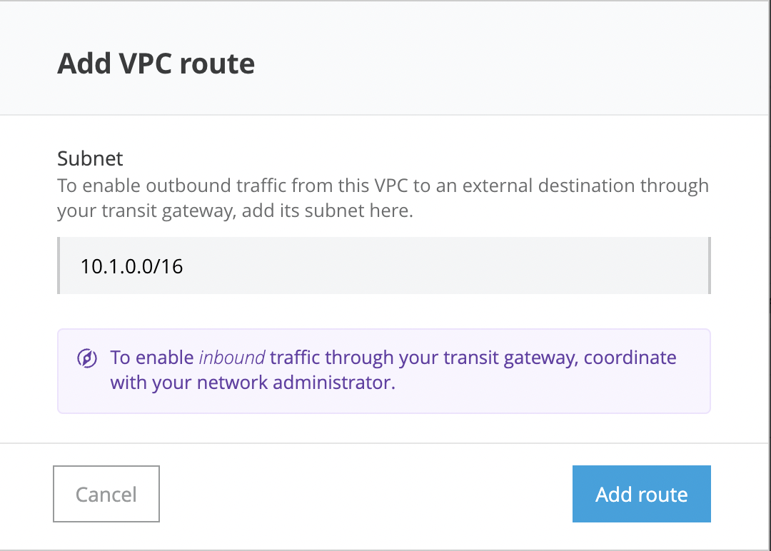 Click on the Add Route button, this route will help the application to access the Transit gateway by enabling outbound access between Anypoint VPC and the external destination.