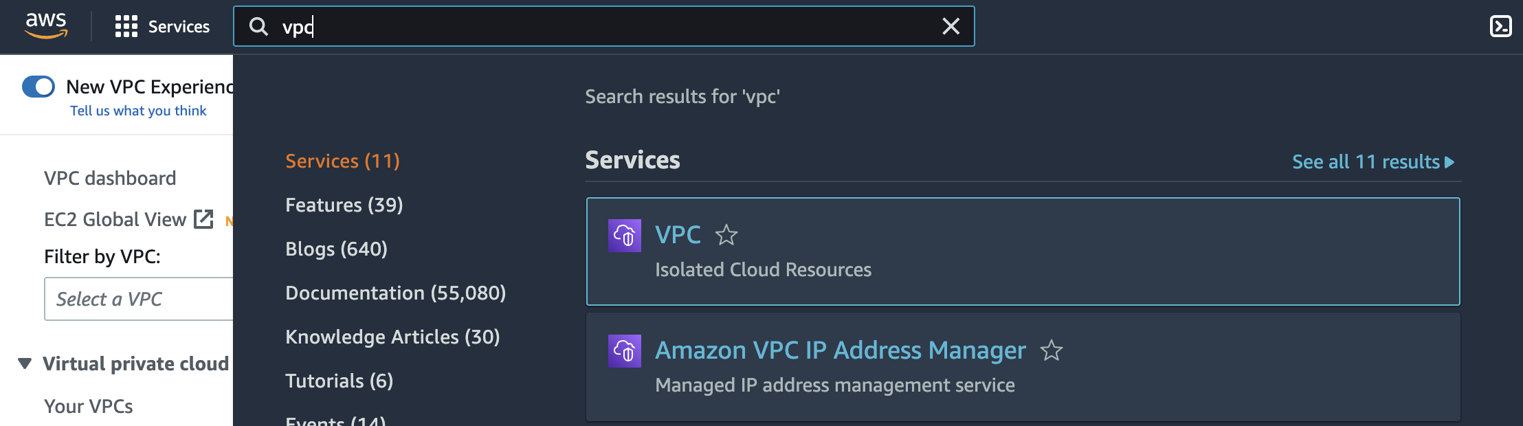 Search for "VPC" in the search box at the top.