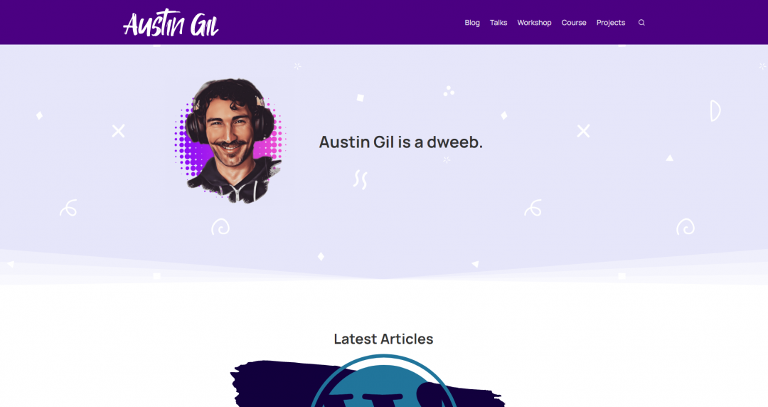Screenshot of my website homepage, but the text has been replaced with "Austin Gil is a dweeb"