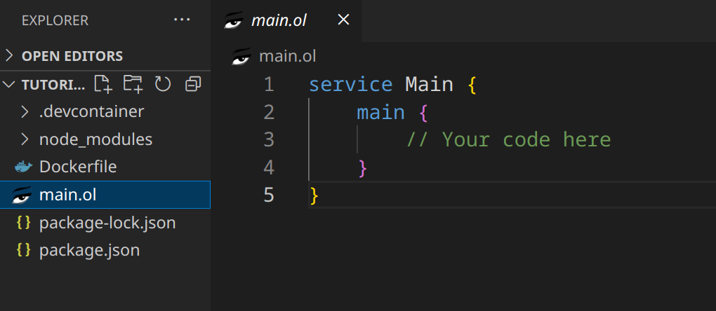 Open the main.ol file, which contains an empty service called Main