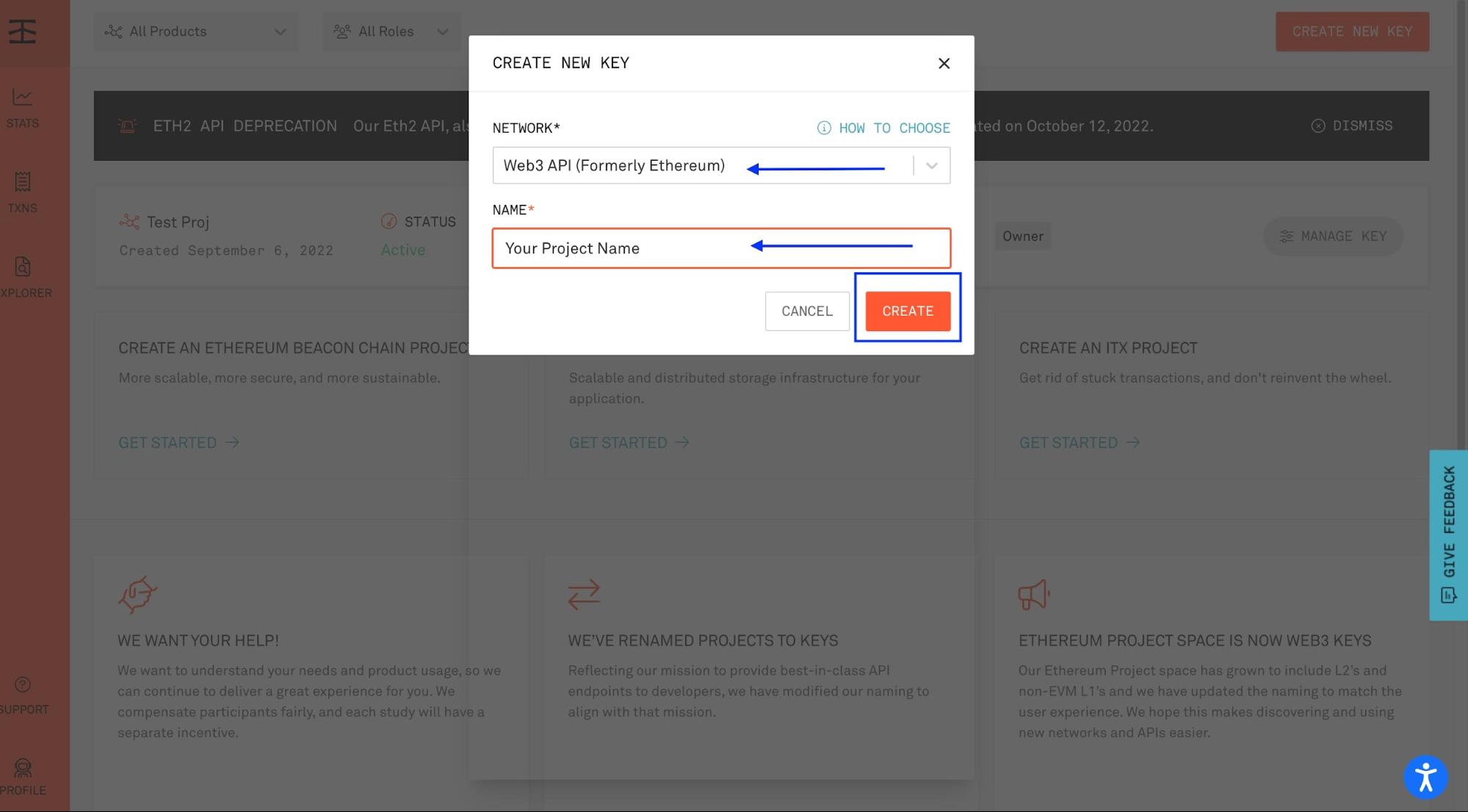 Fill in data to create a new key