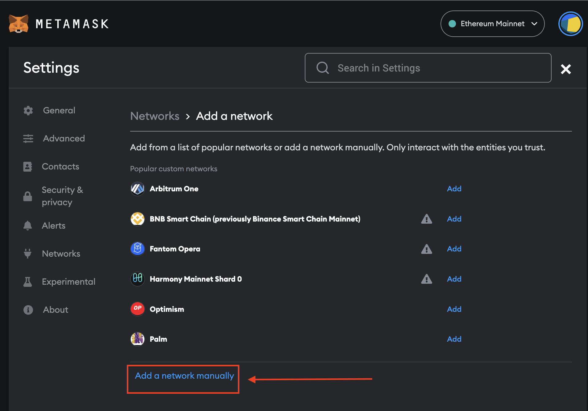 Add a network manually