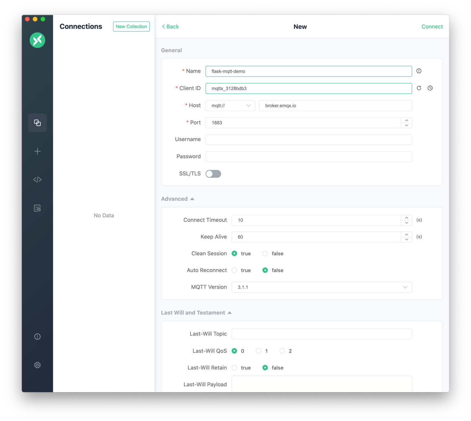 Create a connection in MQTT X and connect to the MQTT server.