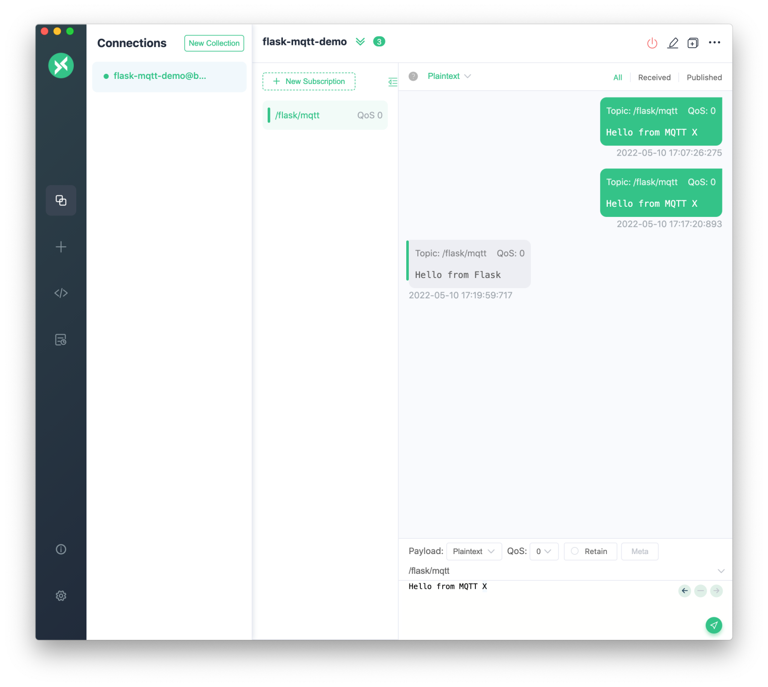 We can see the message sent from Flask in MQTT X.