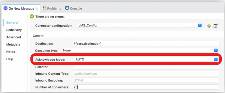 This mode automatically acknowledges (ACK) the message after it is consumed and before any application processing of the message.