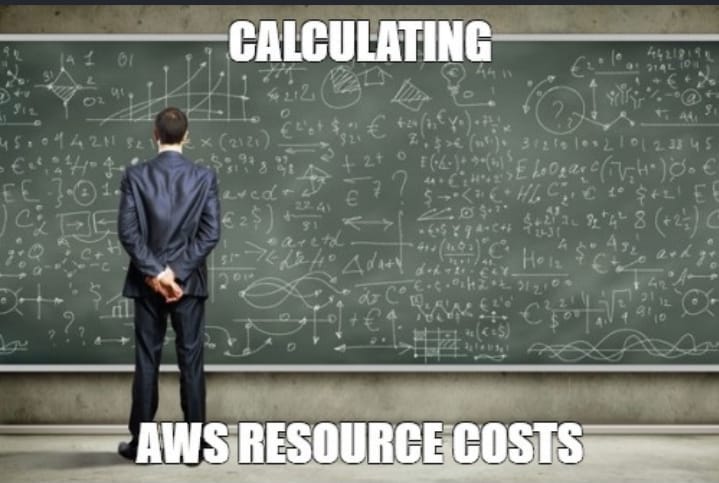 Man in front of a blackboaard filled with equations. The text says: Calculating AWS Resources Cost.