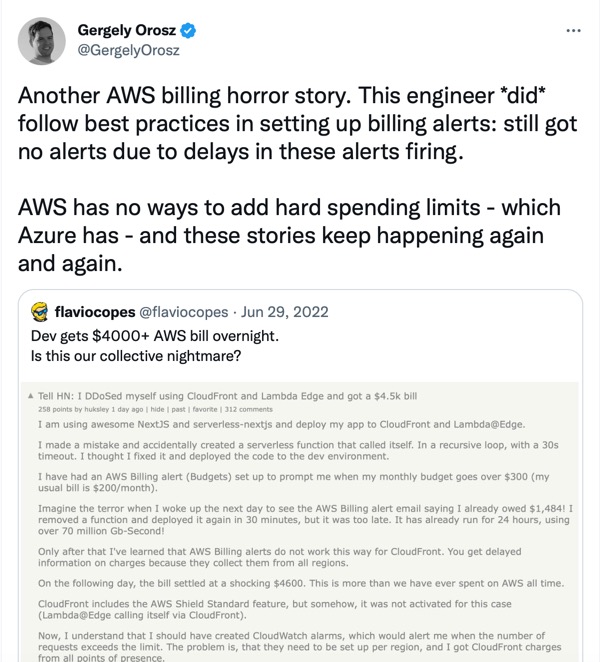 A Tweet describing a situation in which devs got charged $4000 by an AWS mistake