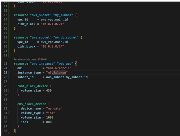 A GIF showing how Infracost shows cost estimates in real-time as a developer changes a Terraform file.