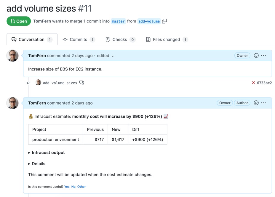 A GitHub Pull Request conversation showing an automated message from Infracost with the cost estimate."A GitHub Pull Request conversation showing an automated message from Infracost with the cost estimate.