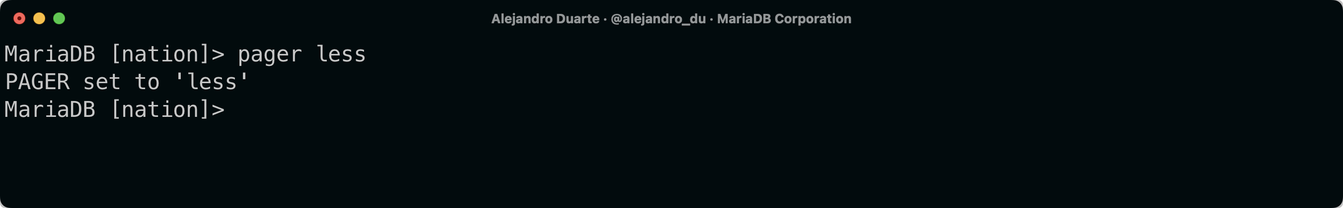 Setting a pager using the mariadb SQL client