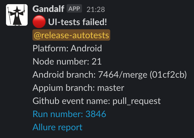  During the release check, the QA engineer on duty goes through the fallen tests manually and, where necessary, compiles a bug report.