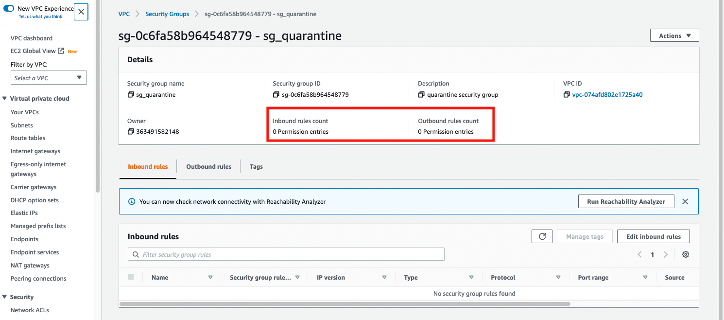 no inbound and outbound rule for that security group