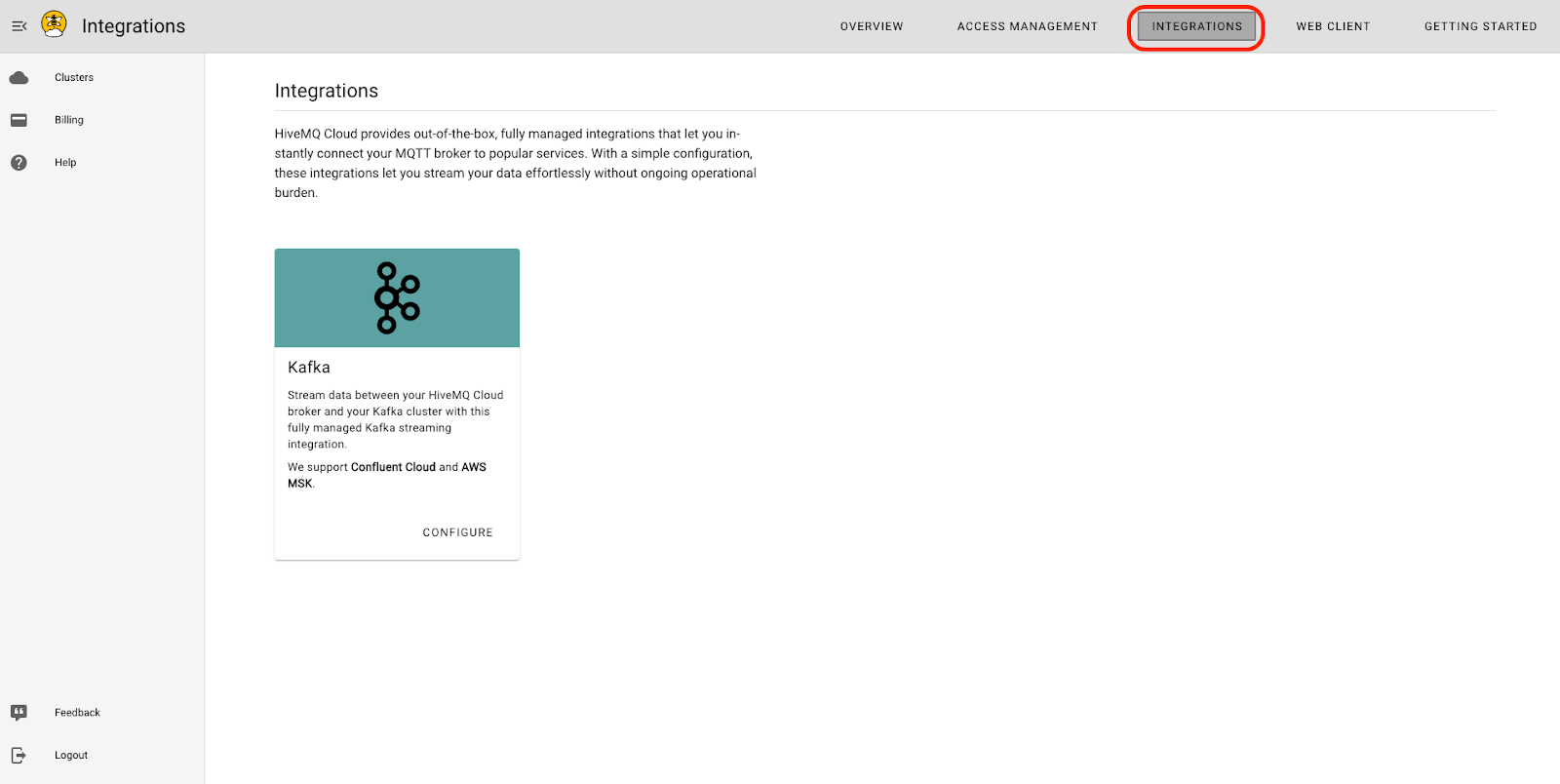 Integrations tab in HiveMQ Cloud