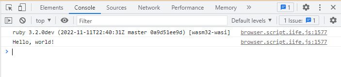 The browser console log is opened and shows: Hello, world!