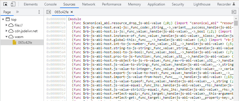 The browser’s developer tools are opened in the Sources tab. The list of sources includes a wasm folder with the Ruby interpreter downloaded. On the right pane, we see the contents of the disassembled binary in text form.