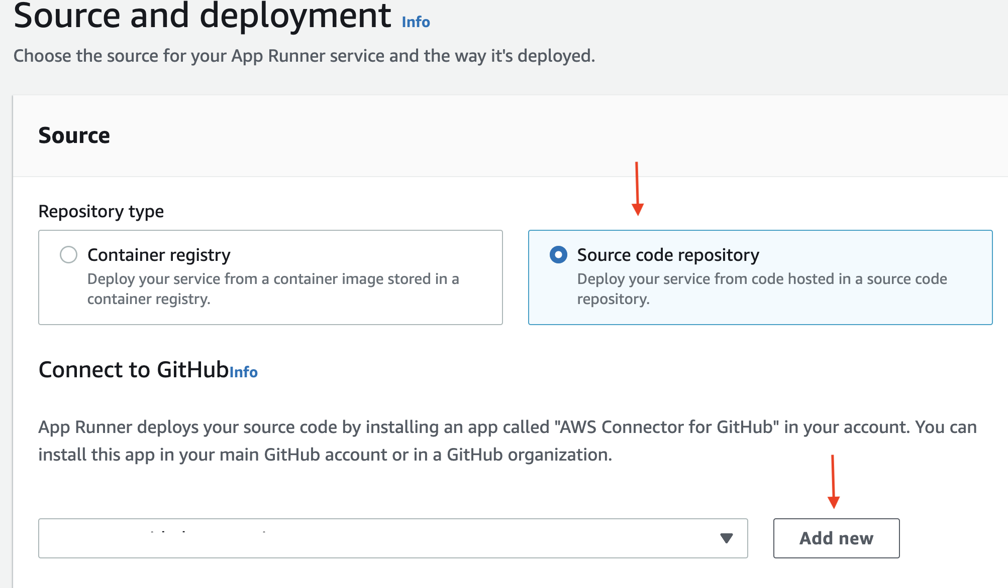Source and deployment: Add GitHub connection