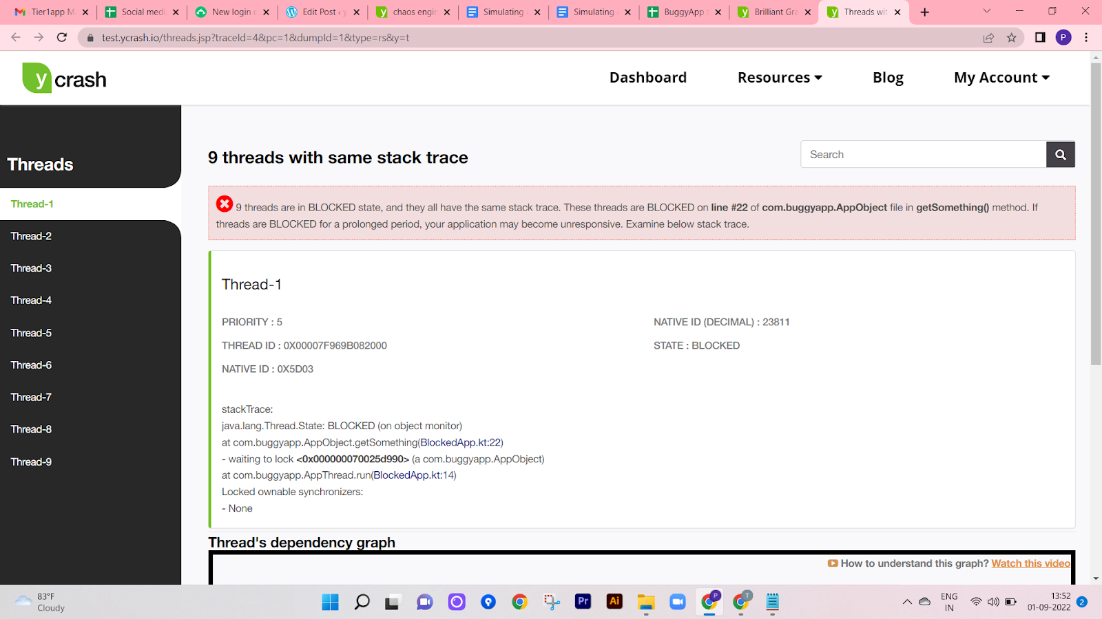 yCrash reporting the stack trace of 9 threads that are in BLOCKED state